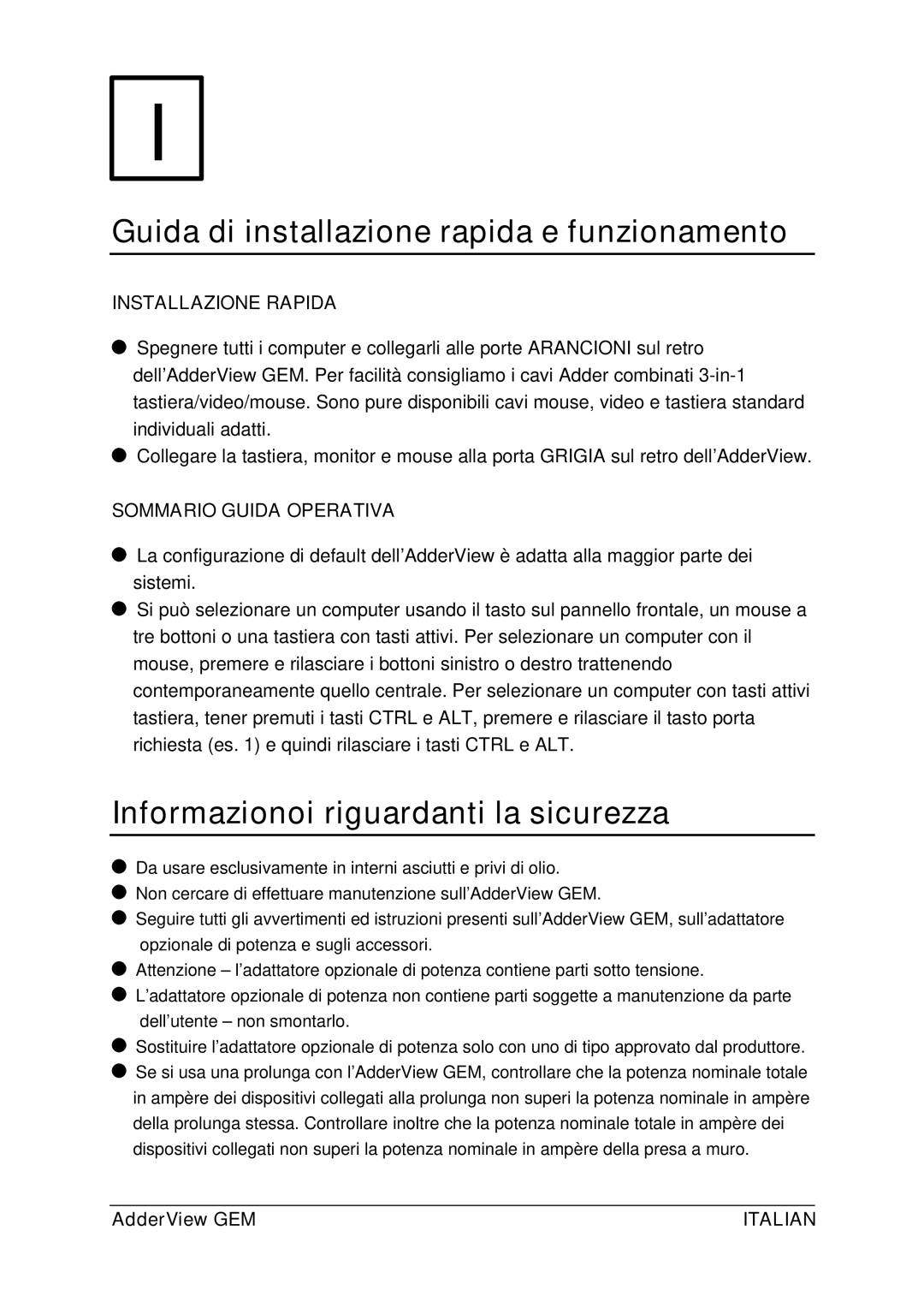 Adder Technology GEMAV4GEM manual Guida di installazione rapida e funzionamento, Informazionoi riguardanti la sicurezza 