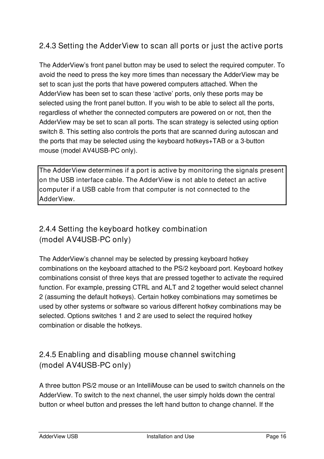 Adder Technology RC1 manual Setting the keyboard hotkey combination model AV4USB-PC only 