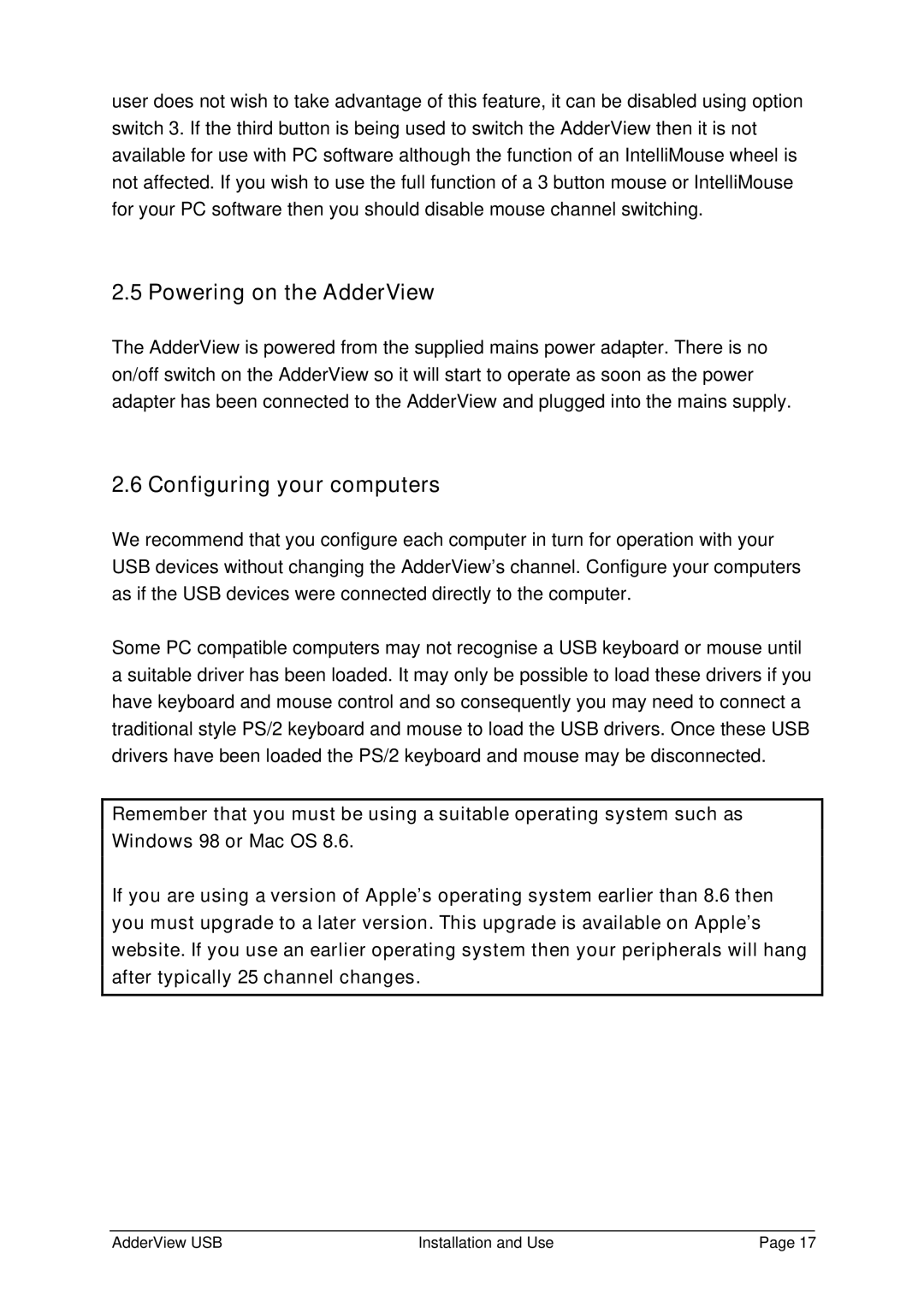 Adder Technology RC1 manual Powering on the AdderView, Configuring your computers 