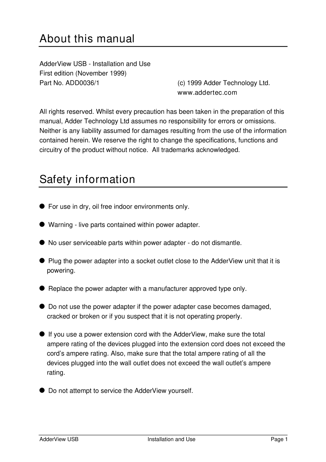 Adder Technology RC1 About this manual, Safety information 