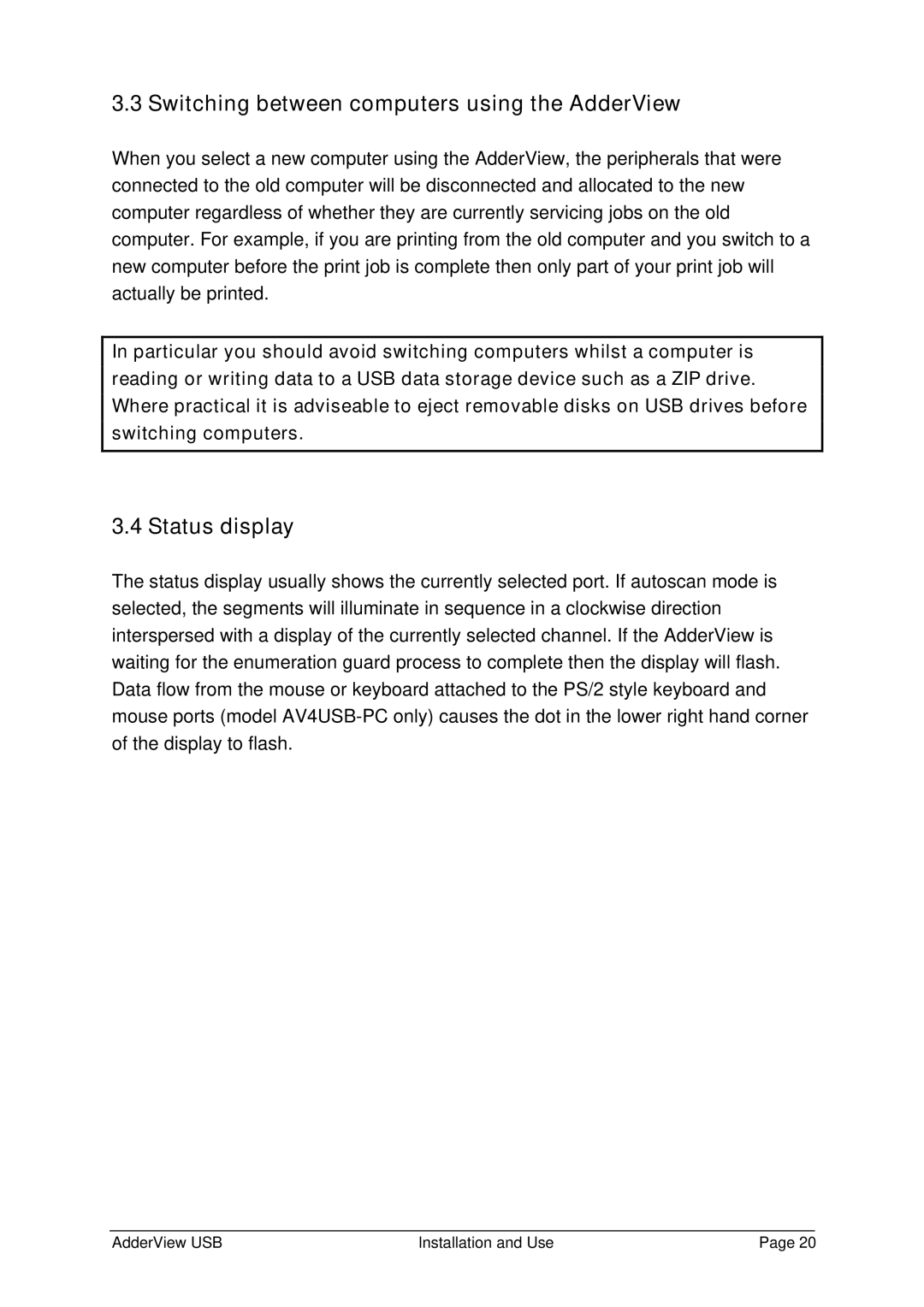 Adder Technology RC1 manual Switching between computers using the AdderView, Status display 