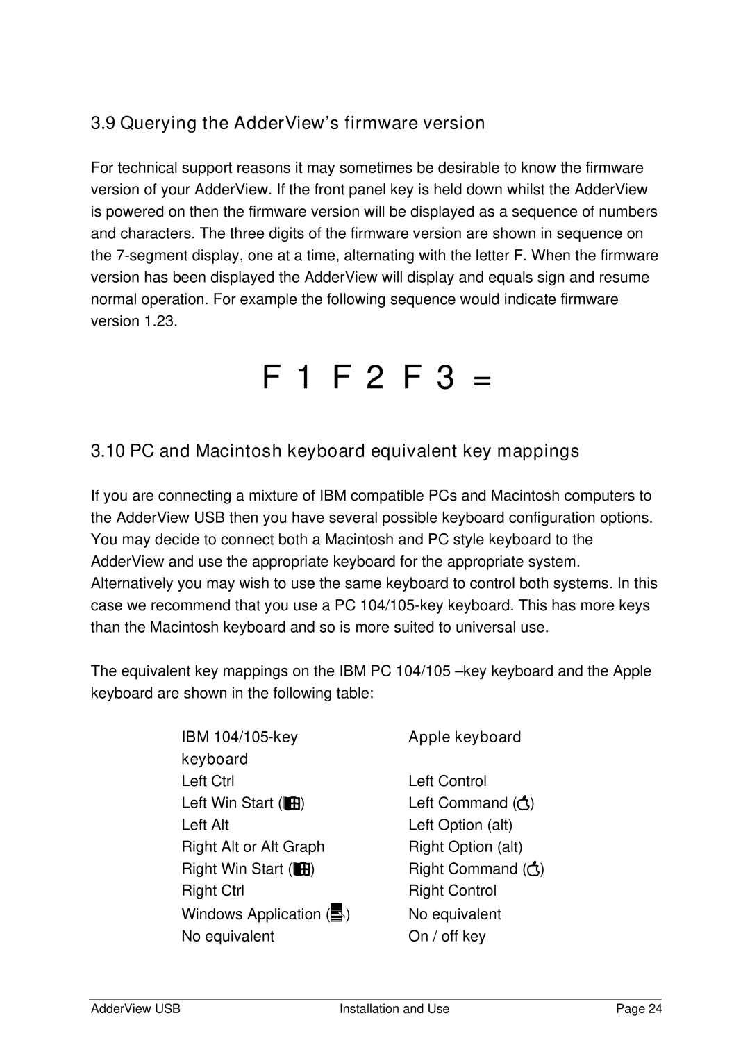 Adder Technology RC1 manual Querying the AdderView’s firmware version, PC and Macintosh keyboard equivalent key mappings 