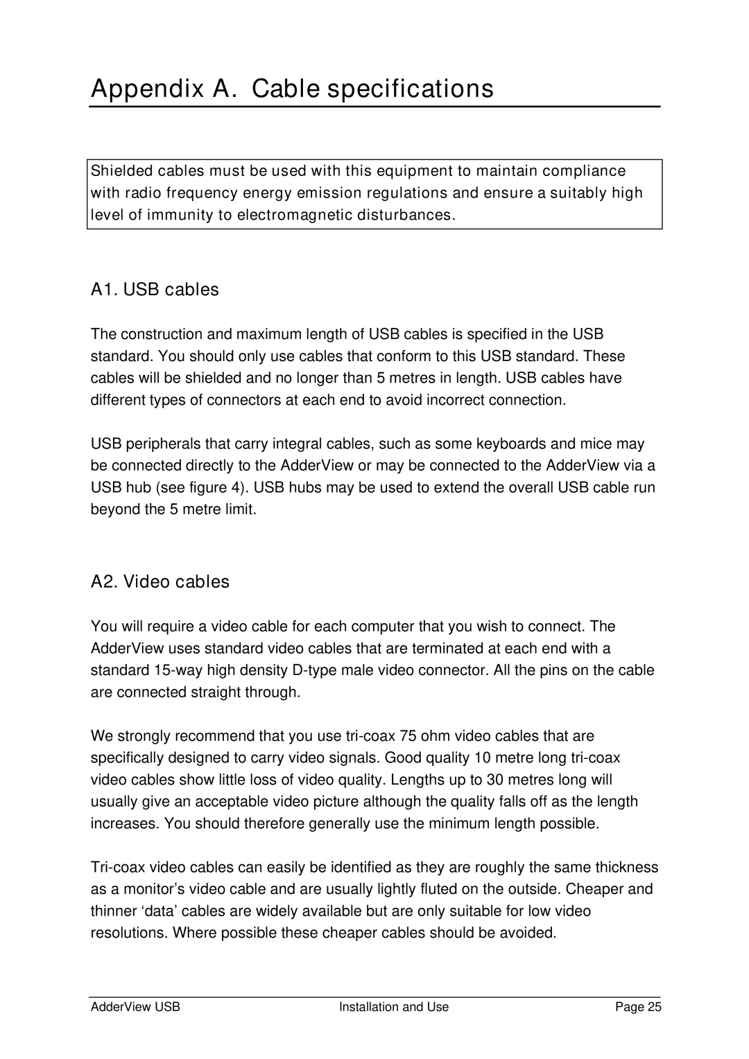 Adder Technology RC1 manual Appendix A. Cable specifications, A1. USB cables, A2. Video cables 