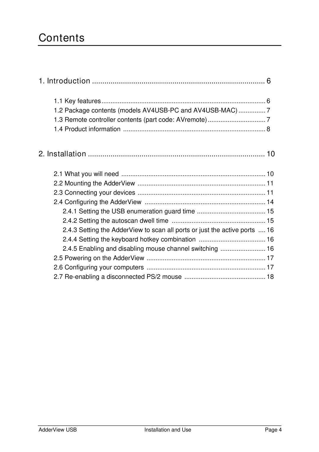 Adder Technology RC1 manual Contents 