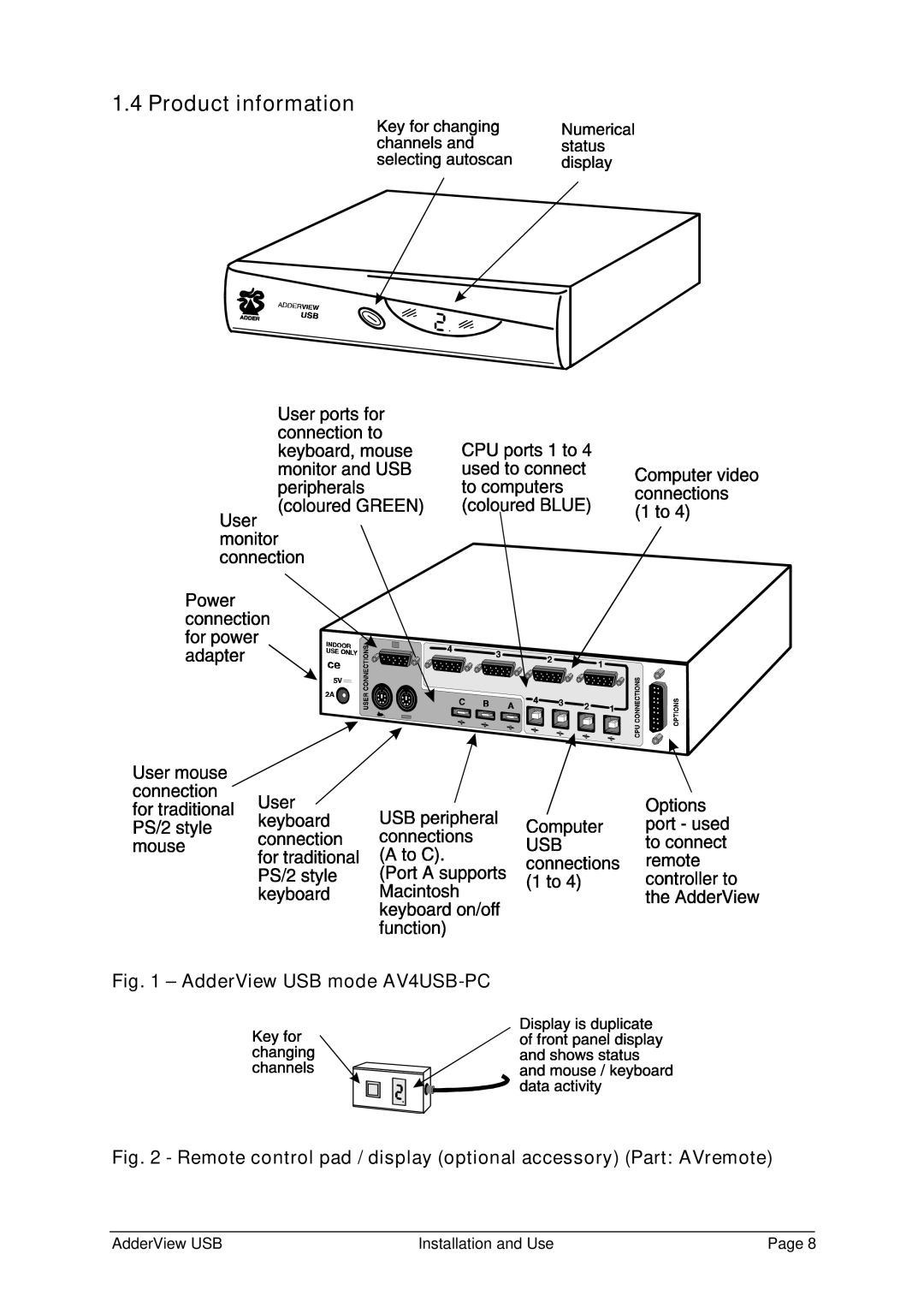 Adder Technology RC1 manual Product information, AdderView USB mode AV4USB-PC 