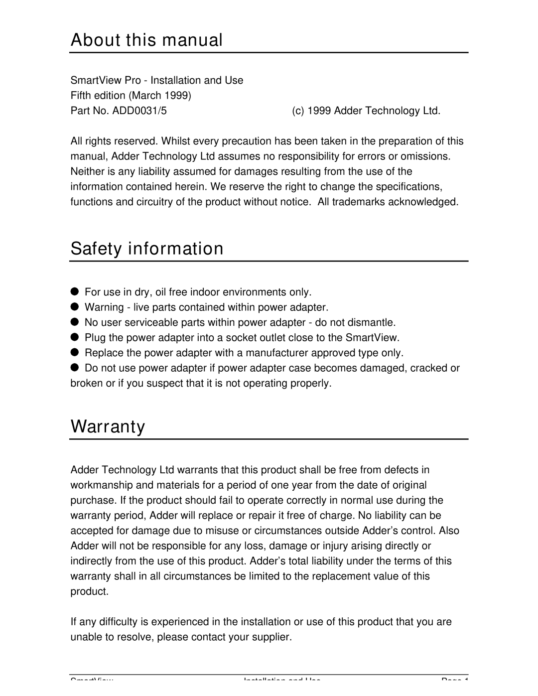 Adder Technology SmartView warranty About this manual, Safety information, Warranty 