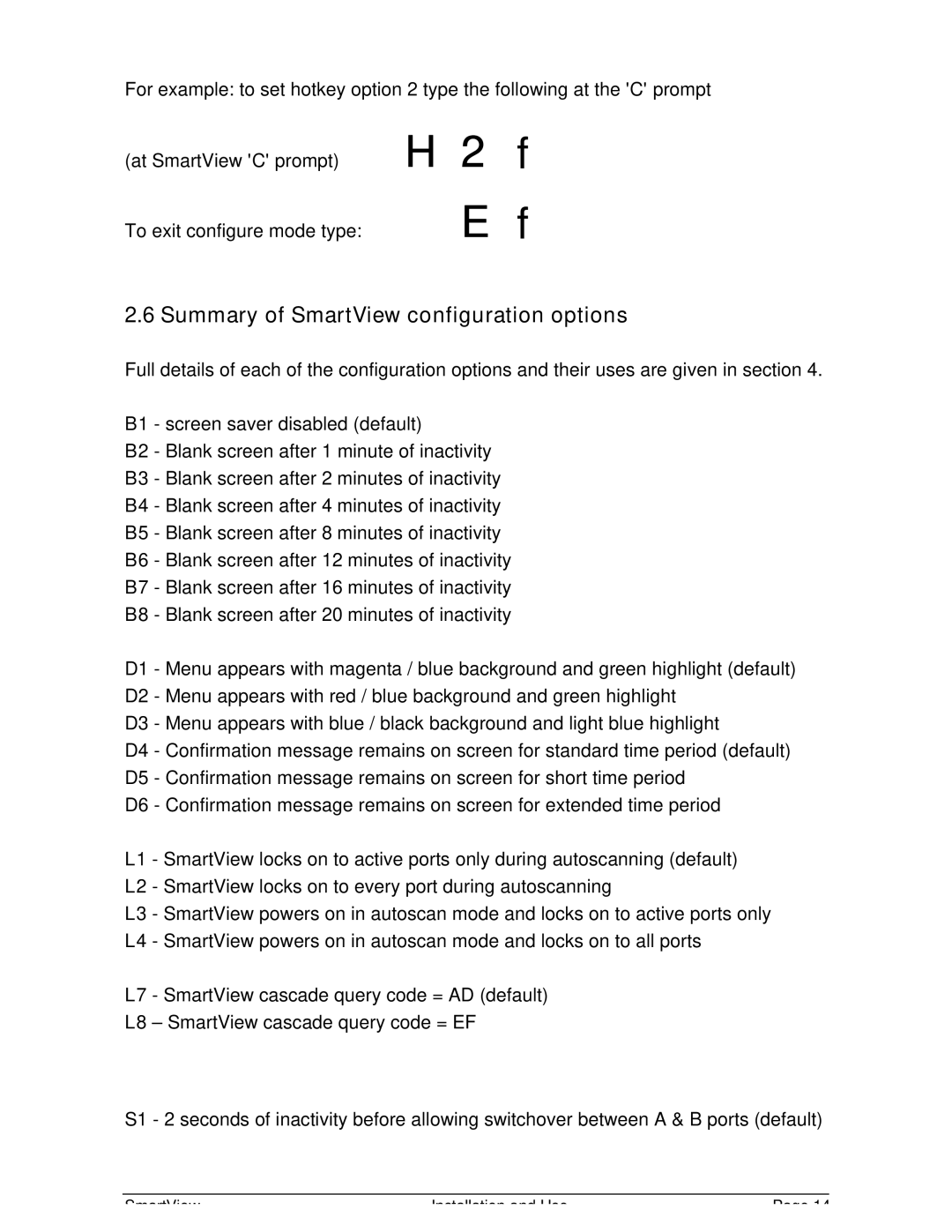 Adder Technology warranty H2f Ef, Summary of SmartView configuration options 