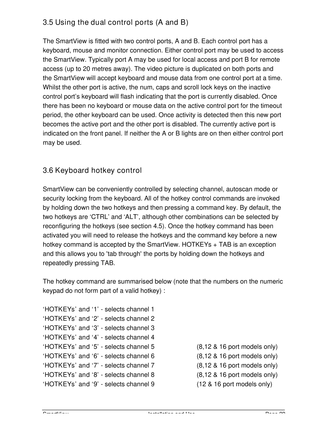 Adder Technology SmartView warranty Using the dual control ports a and B, Keyboard hotkey control 