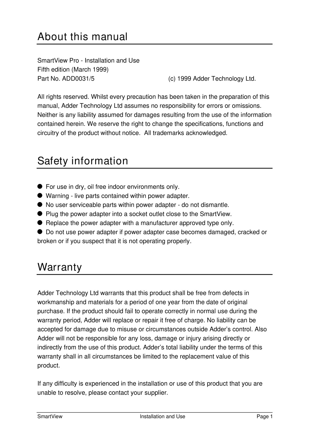 Adder Technology SV4PRO, SV16PRO, SV8PRO, SV12PRO About this manual, Safety information, Warranty 