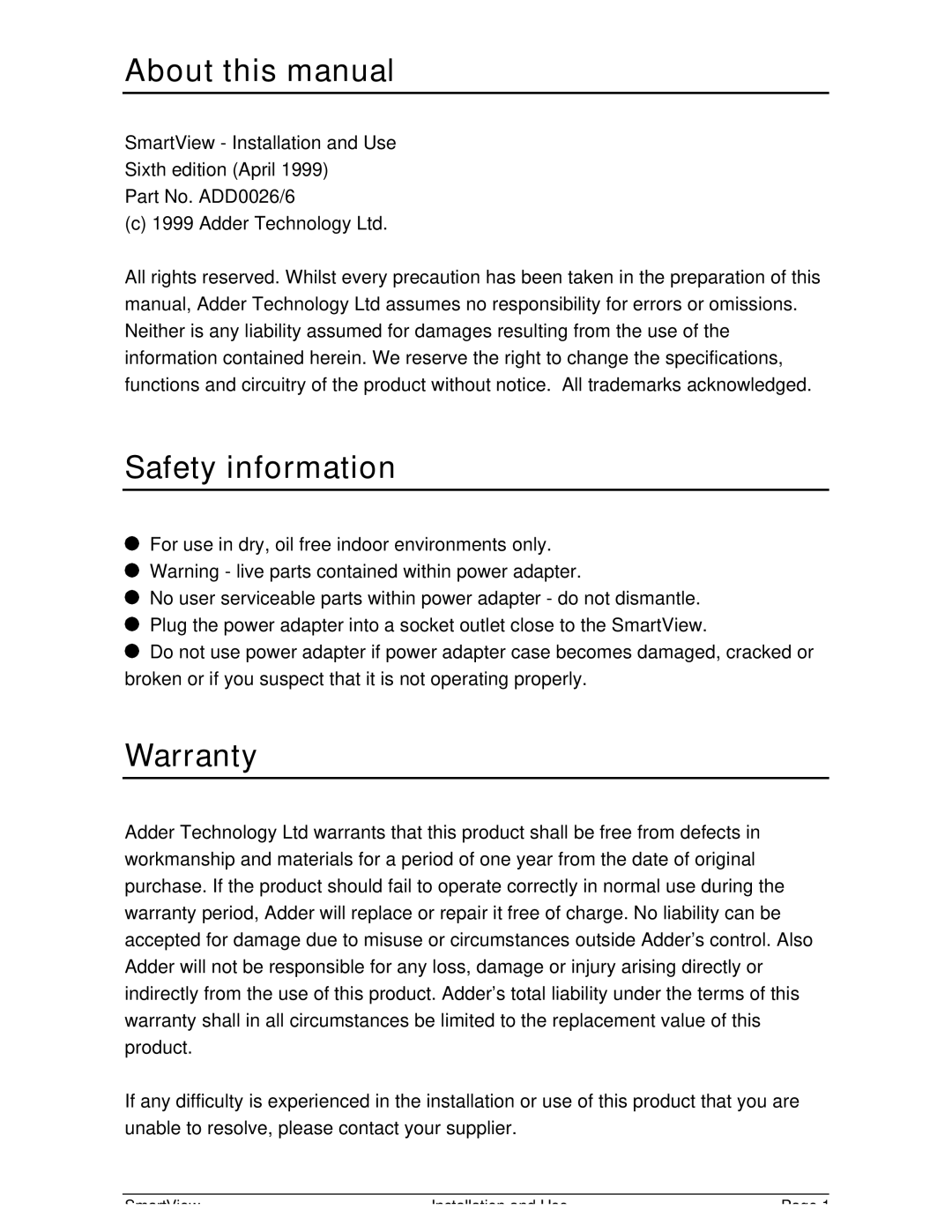 Adder Technology SV4, SV2 About this manual, Safety information, Warranty 