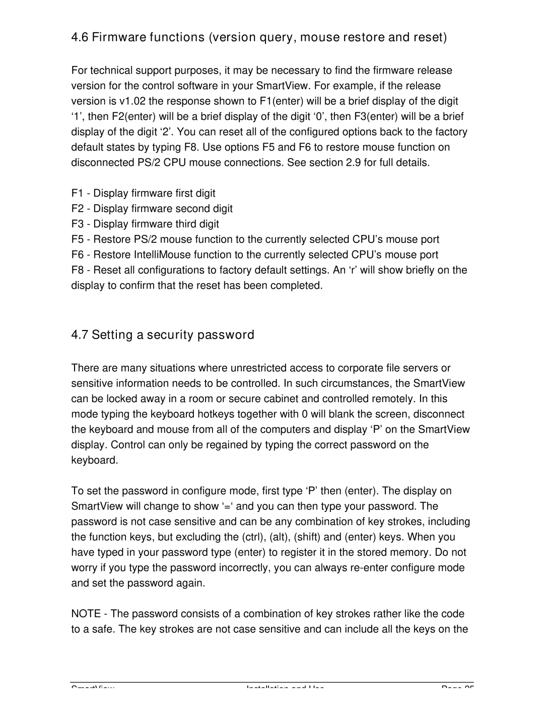 Adder Technology SV4, SV2 manual Firmware functions version query, mouse restore and reset, Setting a security password 