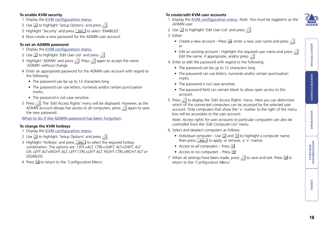 Adder Technology Switch manual To enable KVM security, To set an Admin password, To change the KVM hotkeys 