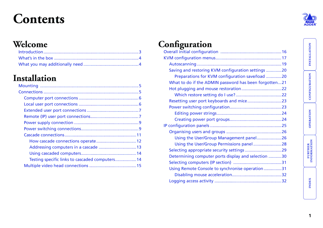 Adder Technology Switch manual Contents 