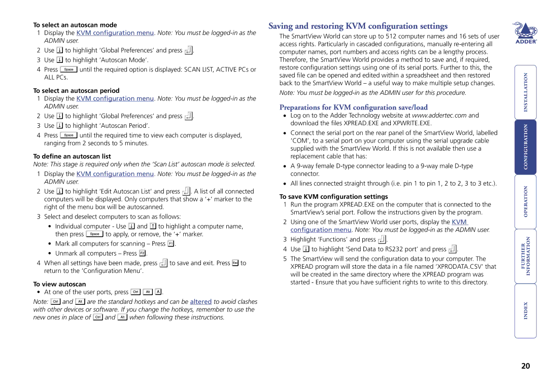 Adder Technology Switch Saving and restoring KVM configuration settings, Preparations for KVM configuration save/load 