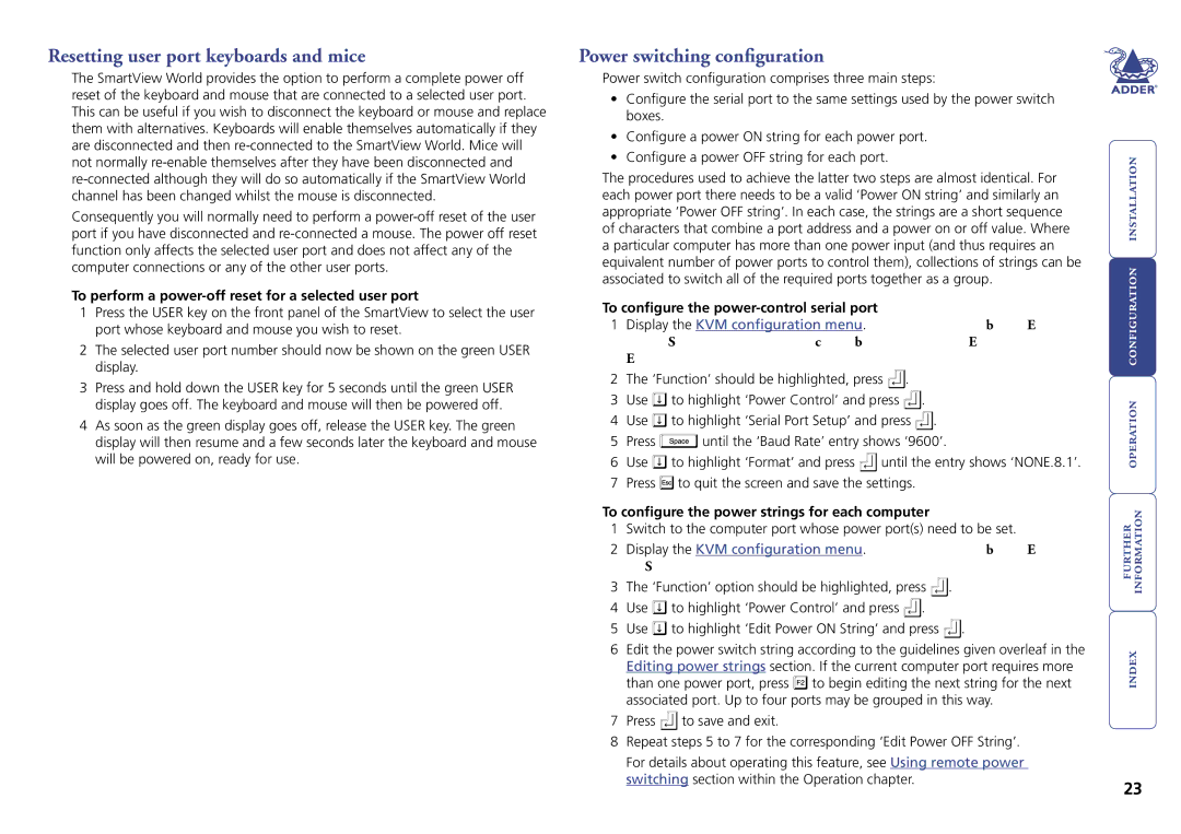 Adder Technology Switch manual Resetting user port keyboards and mice, Power switching configuration 