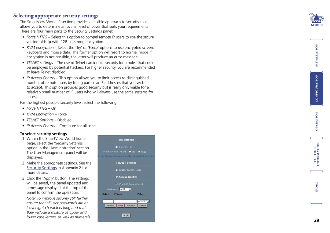 Adder Technology Switch manual Selecting appropriate security settings, To select security settings 
