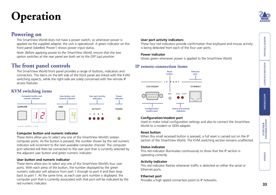 Adder Technology Switch manual Powering on, Front panel controls, IP remote-connection items, KVM switching items 