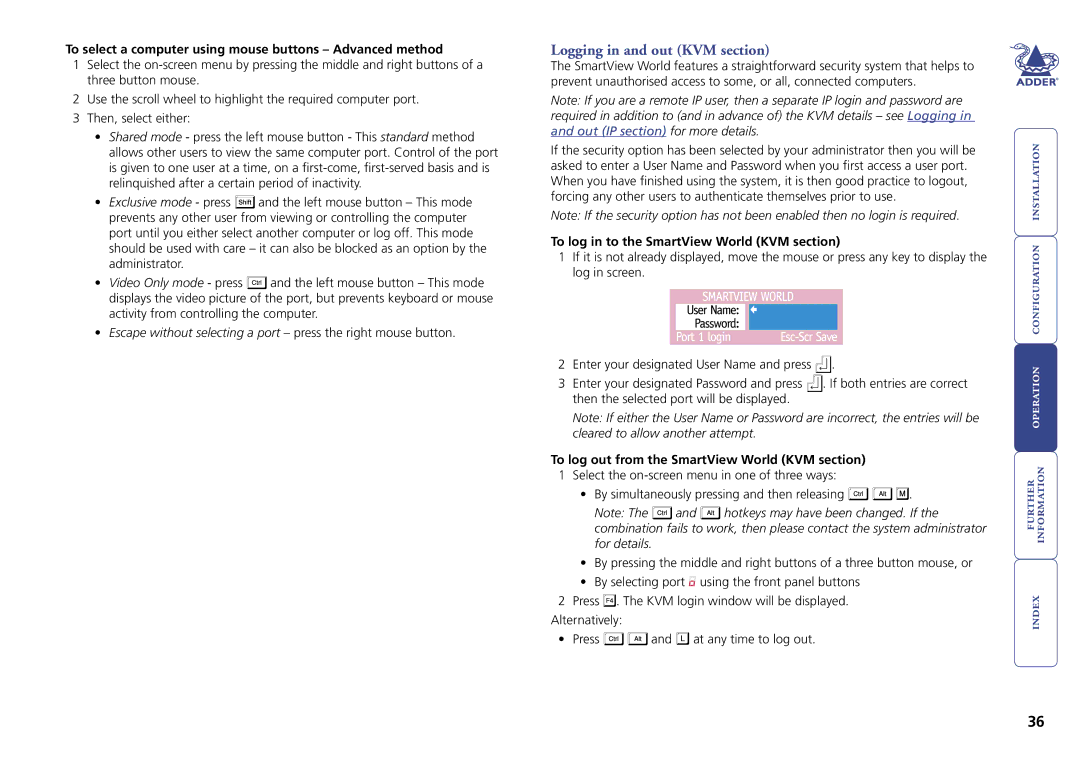 Adder Technology Switch manual Logging in and out KVM section, To select a computer using mouse buttons Advanced method 