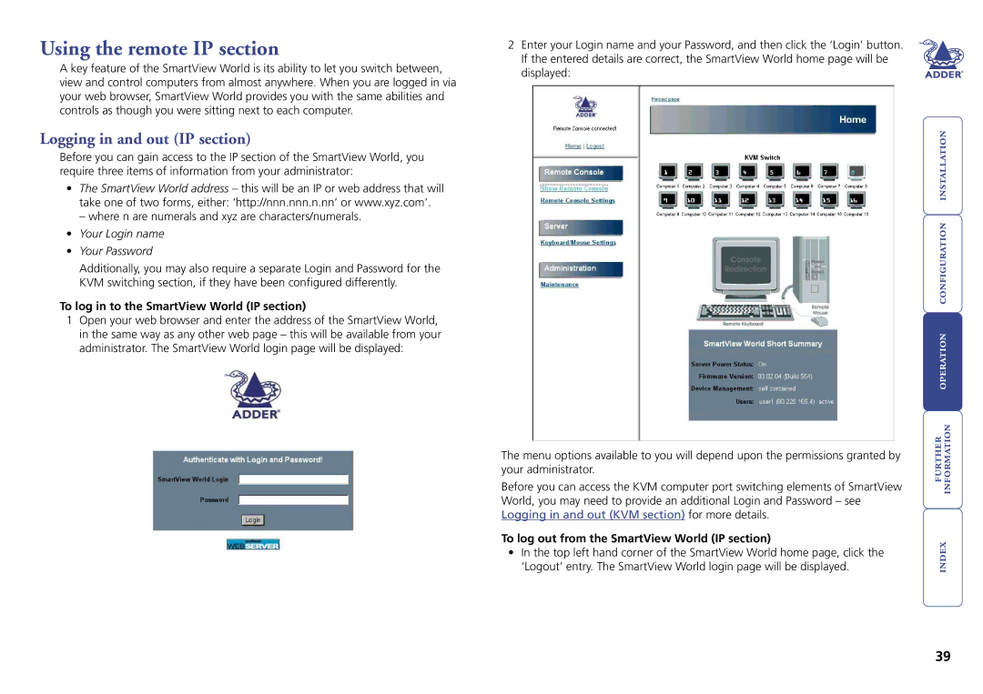 Adder Technology Switch manual Using the remote IP section, Logging in and out IP section, Your Login name Your Password 