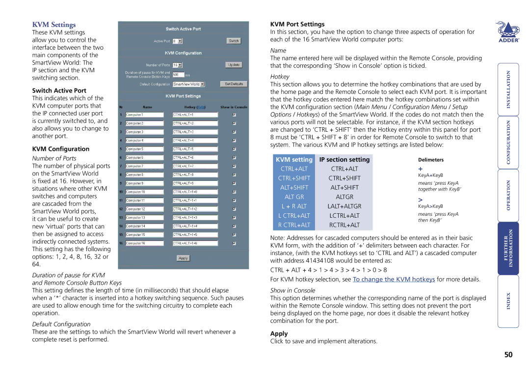 Adder Technology manual KVM Settings, Switch Active Port, KVM Configuration, KVM Port Settings, Apply 