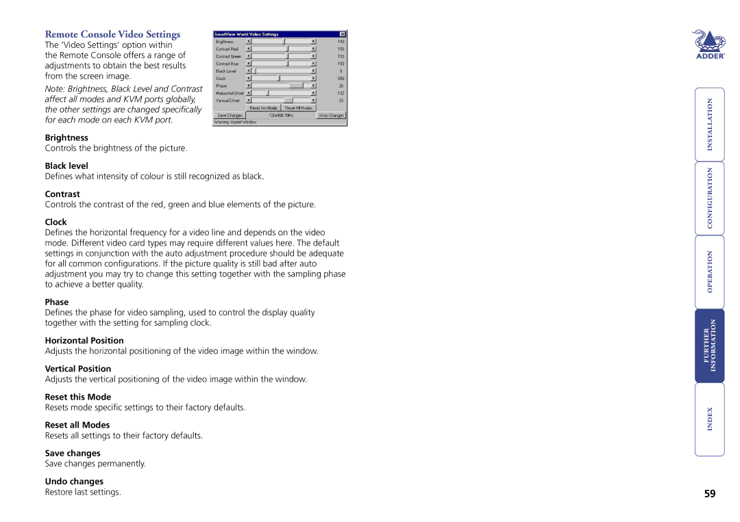Adder Technology Switch manual Remote Console Video Settings 
