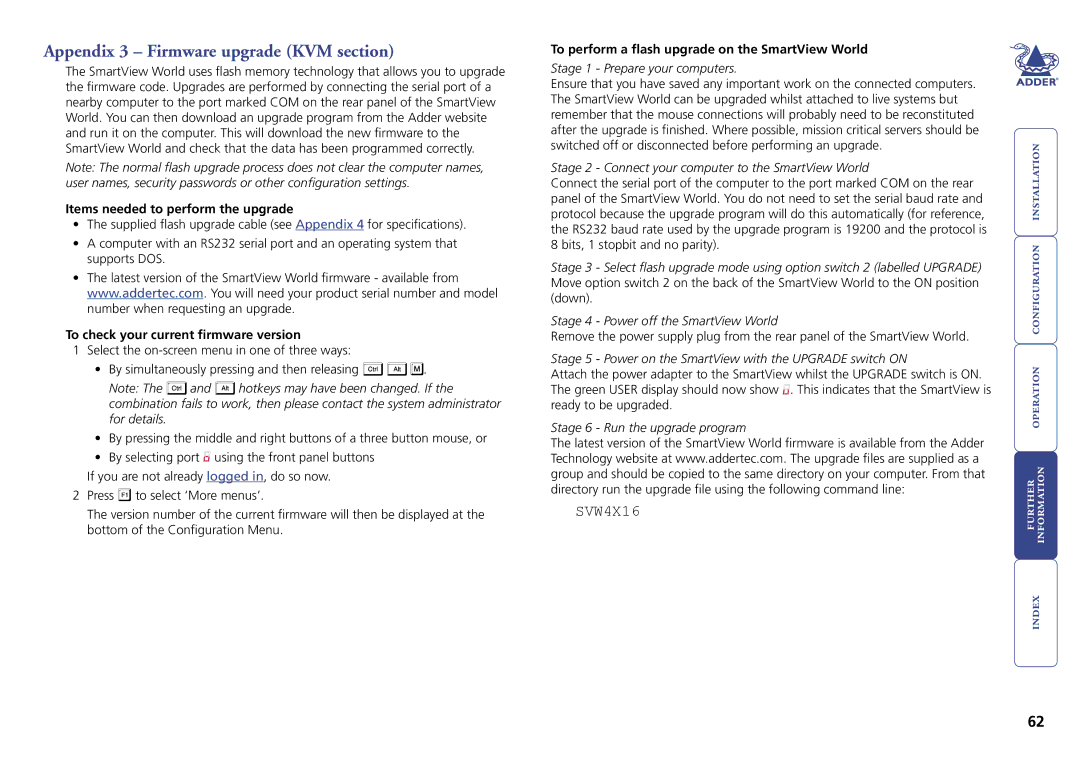 Adder Technology Switch manual Appendix 3 Firmware upgrade KVM section, Items needed to perform the upgrade 