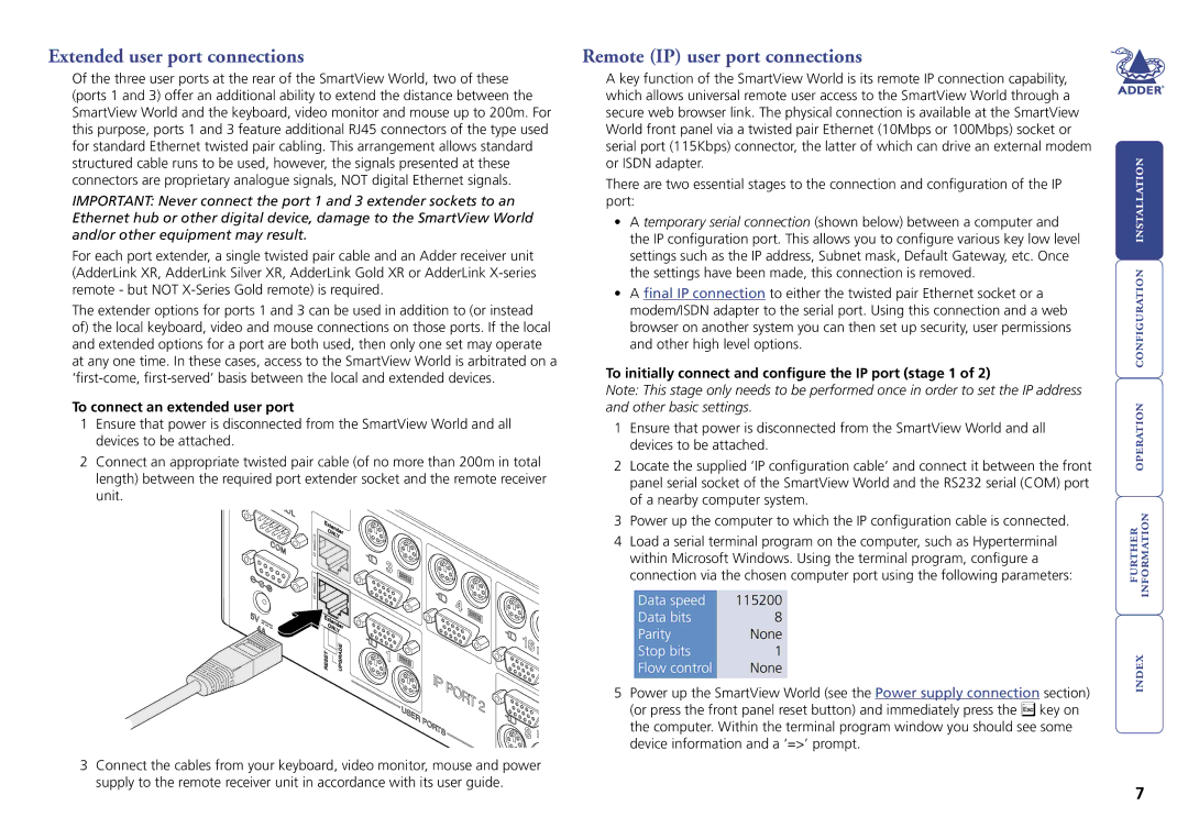 Adder Technology Switch Extended user port connections, Remote IP user port connections, To connect an extended user port 