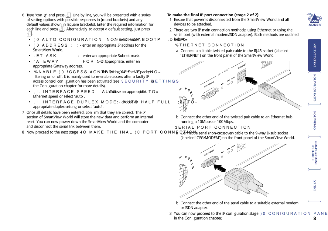 Adder Technology Switch manual IP auto configuration none/dhcp/bootp dhcp select ‘none’, Ethernet connection 