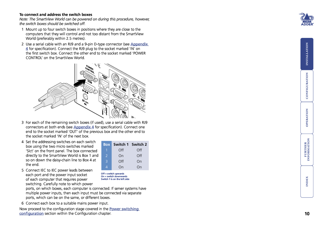 Adder Technology Switch manual , To connect and address the switch boxes 