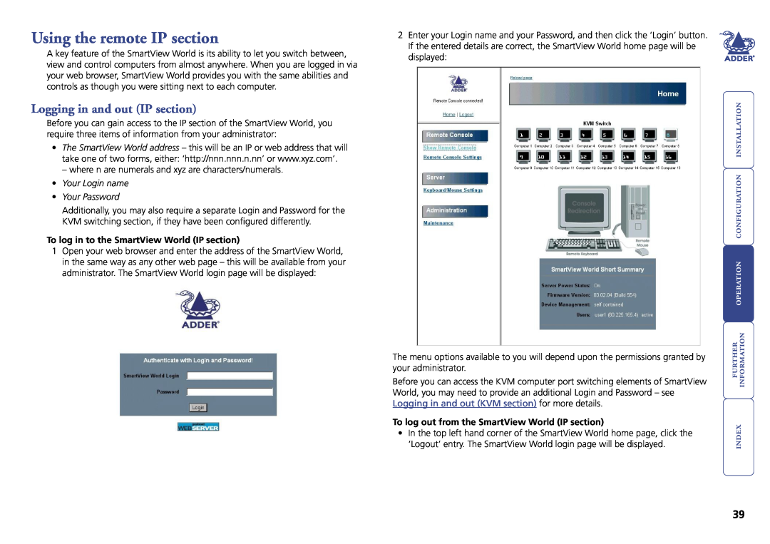 Adder Technology Switch Using the remote IP section, Logging in and out IP section, , Your Login name Your Password 