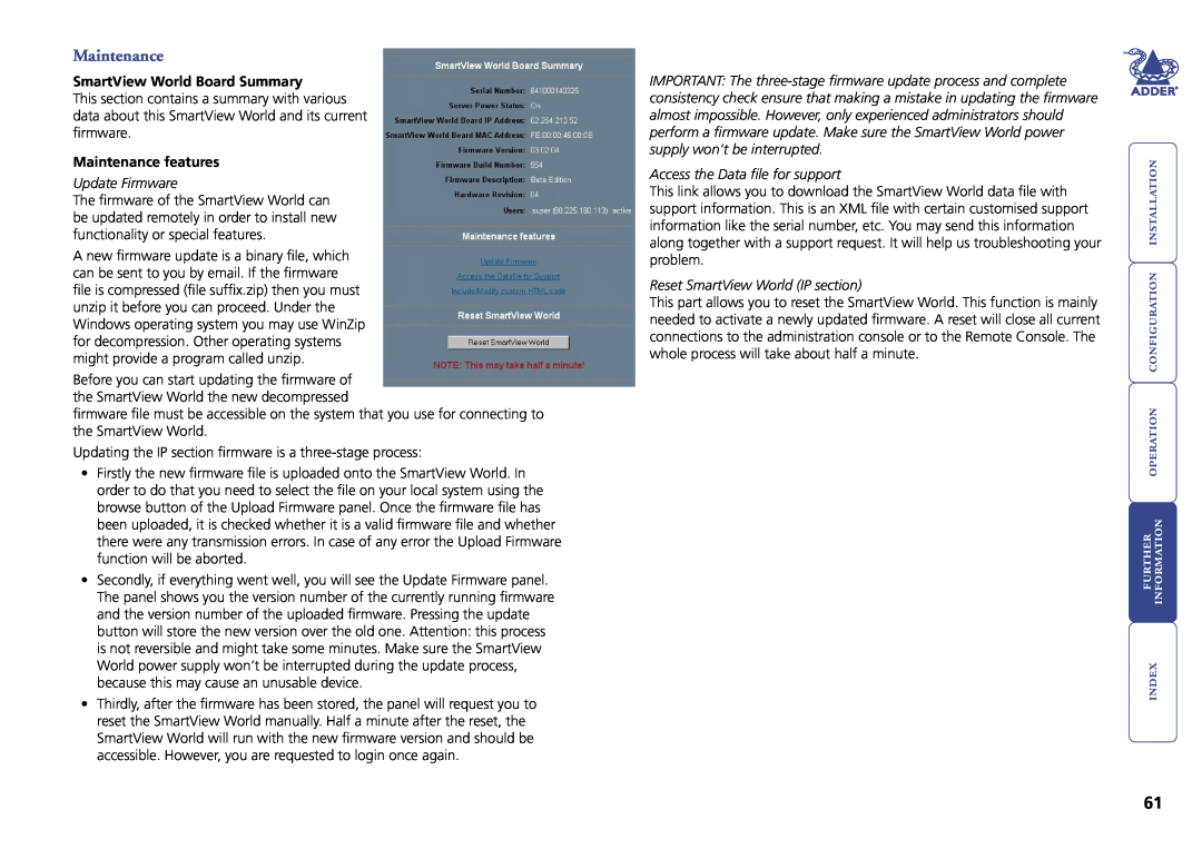 Adder Technology Switch manual , SmartView World Board Summary, Maintenance features, Update Firmware 