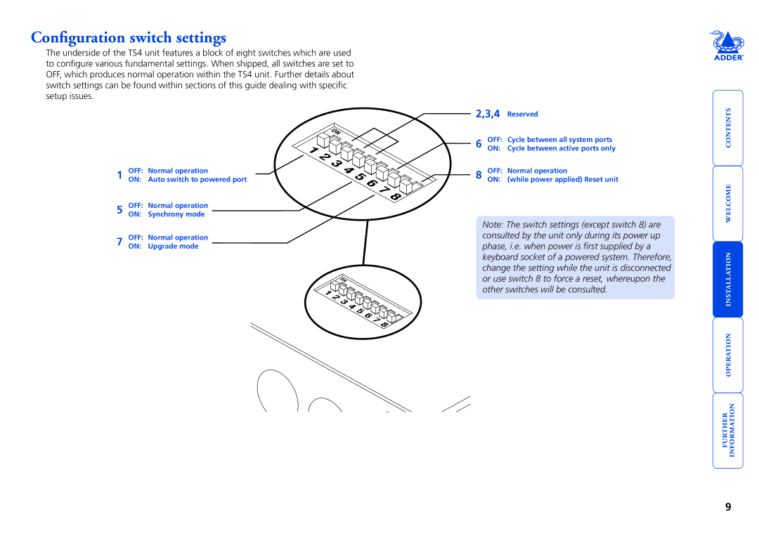 Adder Technology TS4 manual Configuration switch settings 