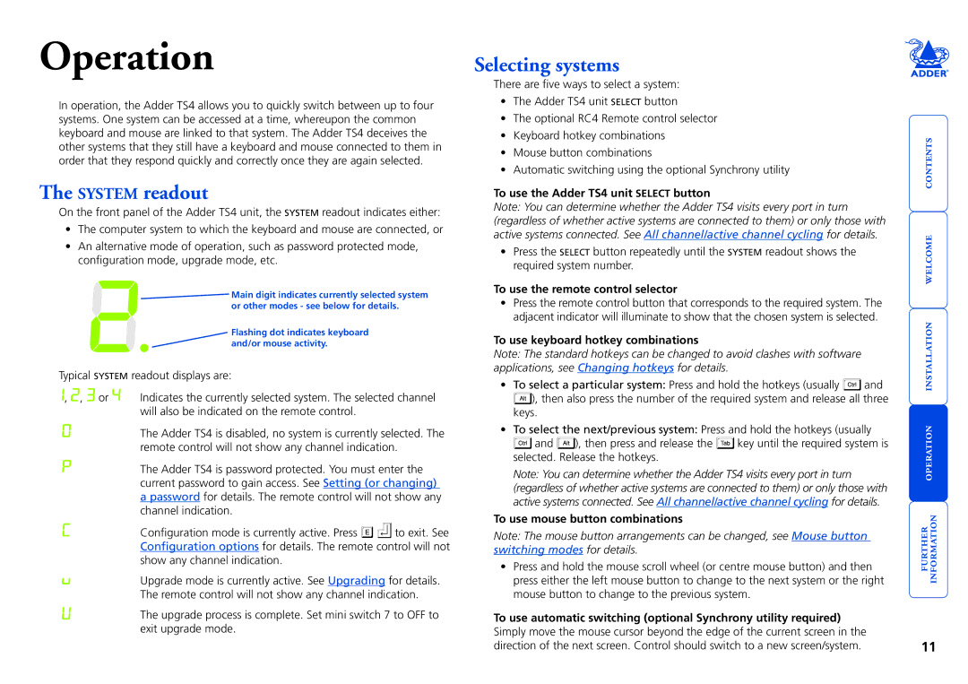 Adder Technology TS4 manual Operation, System readout, Selecting systems 