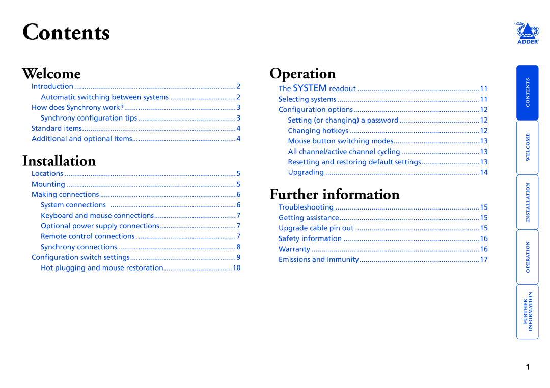 Adder Technology TS4 manual Contents 