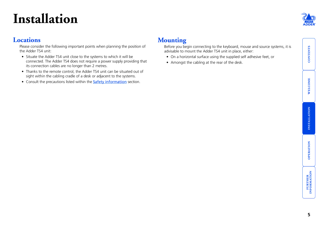 Adder Technology TS4 manual Installation, Locations, Mounting 
