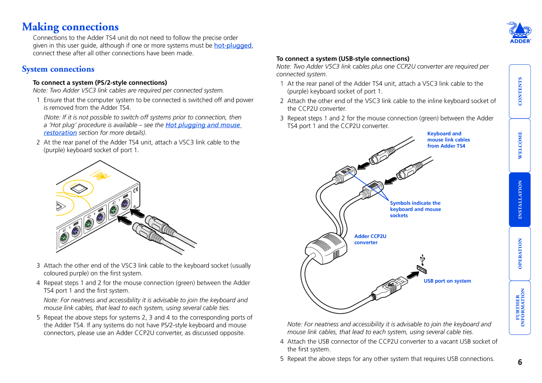 Adder Technology TS4 manual Making connections, System connections, To connect a system PS/2-style connections 