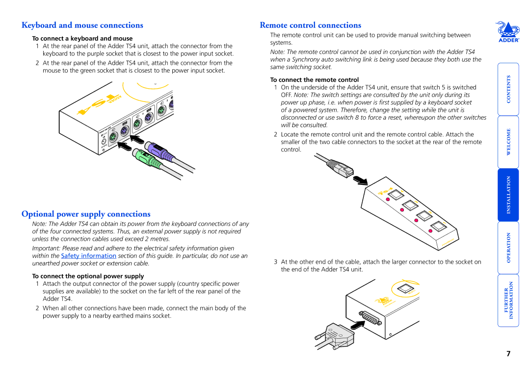 Adder Technology TS4 manual Keyboard and mouse connections, Remote control connections, Optional power supply connections 