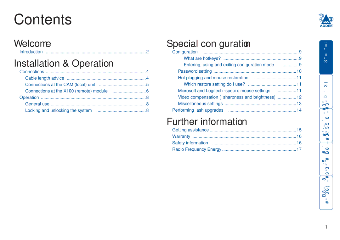 Adder Technology X100 manual Contents 