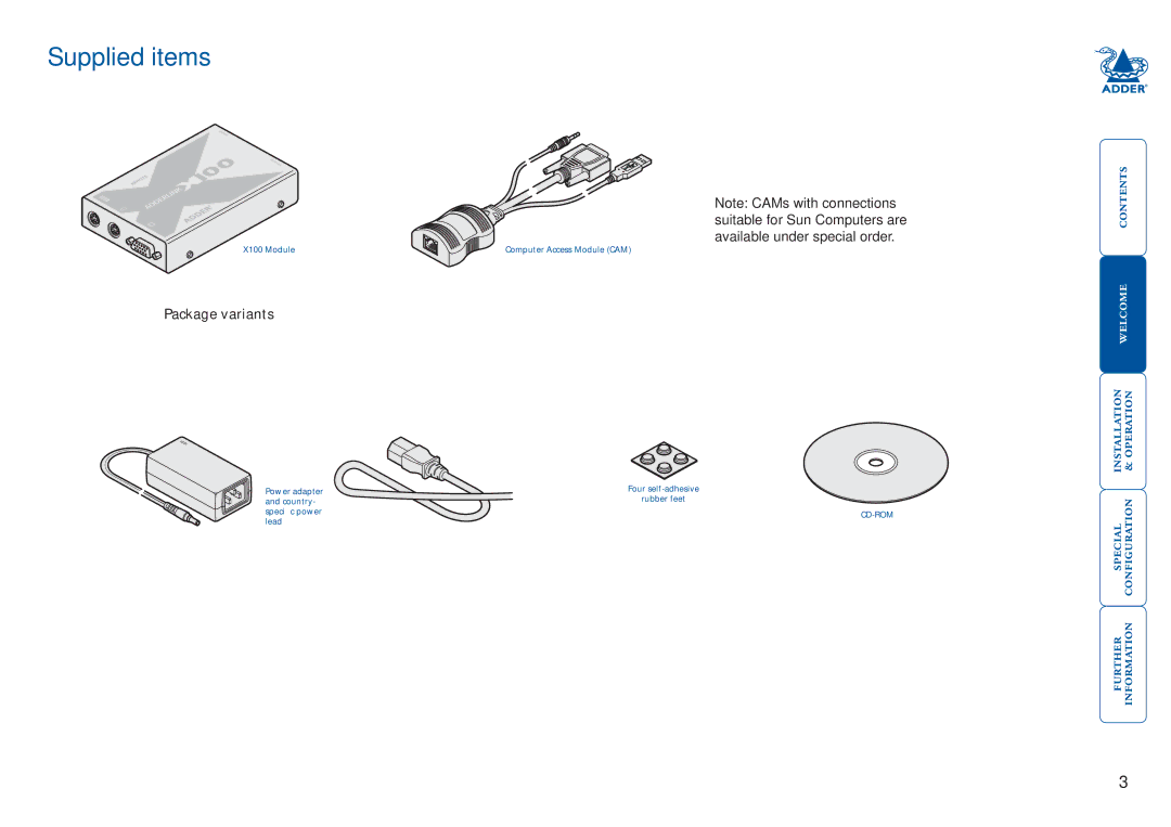 Adder Technology X100 manual Supplied items, Package variants 