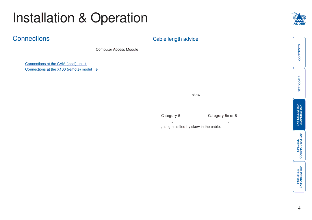 Adder Technology X100 manual Connections, Cable length advice, Category 