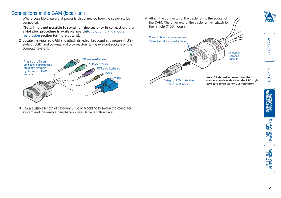 Adder Technology X100 manual Connections at the CAM local unit, Module 