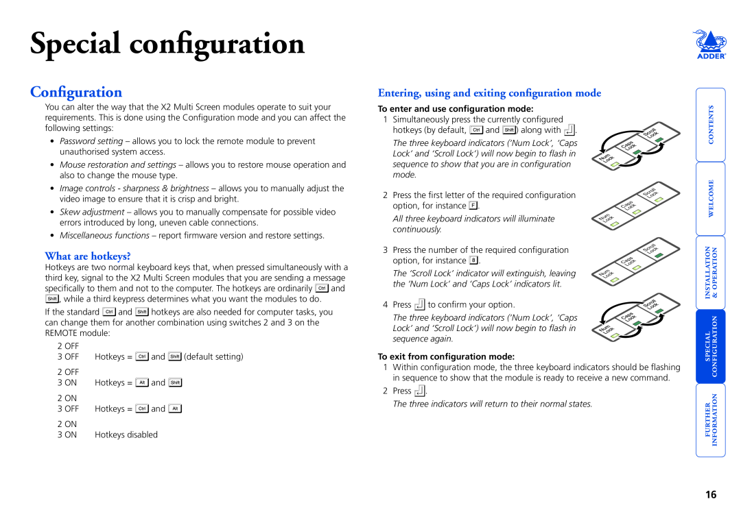 Adder Technology X2 manual Special configuration, Configuration, What are hotkeys?, To enter and use configuration mode 