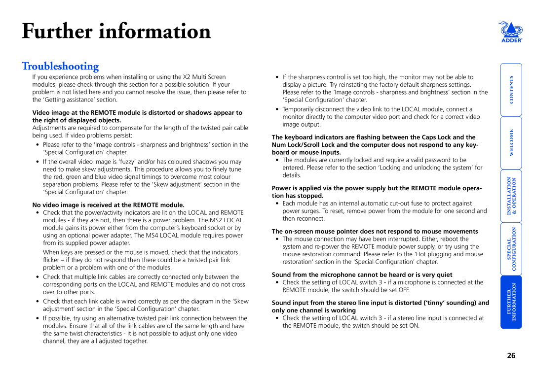 Adder Technology X2 manual Further information, Troubleshooting, No video image is received at the REMOTE module 
