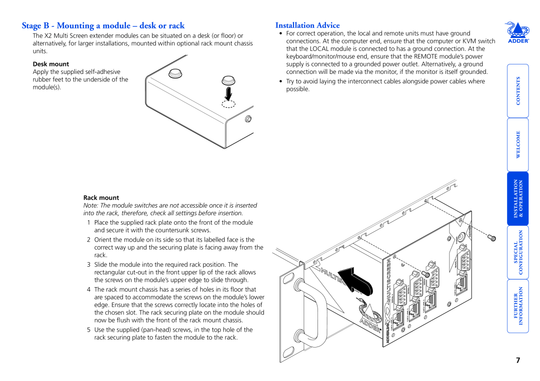 Adder Technology X2 manual Stage B - Mounting a module - desk or rack, Installation Advice, Desk mount, Rack mount 