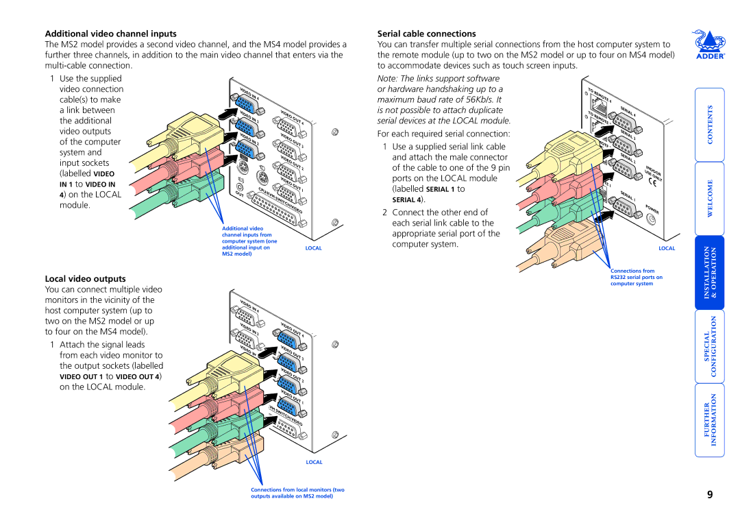Adder Technology X2 manual Additional video channel inputs, Serial cable connections, Local video outputs 