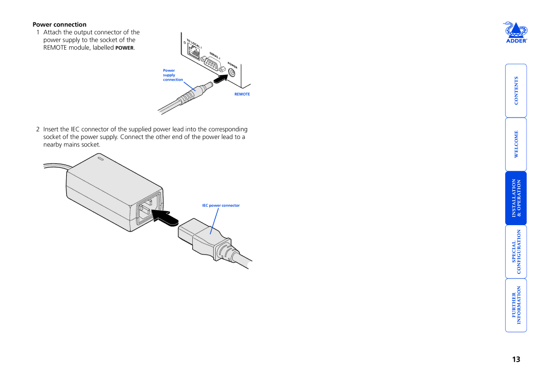 Adder Technology X2 manual Power connection 