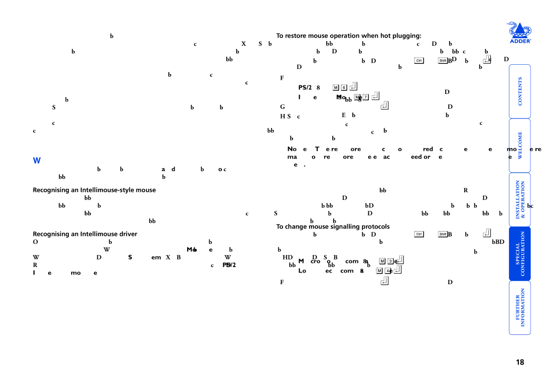 Adder Technology X2 manual Hot plugging and mouse restoration, Microsoft and Logitech -specific mouse settings 