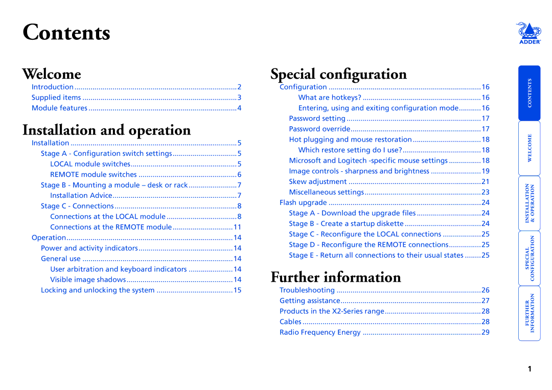 Adder Technology X2 manual Contents 