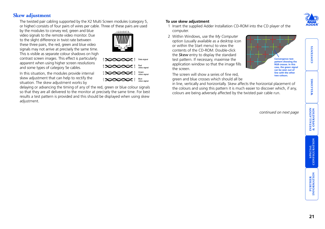 Adder Technology X2 manual Skew adjustment, To use skew adjustment 