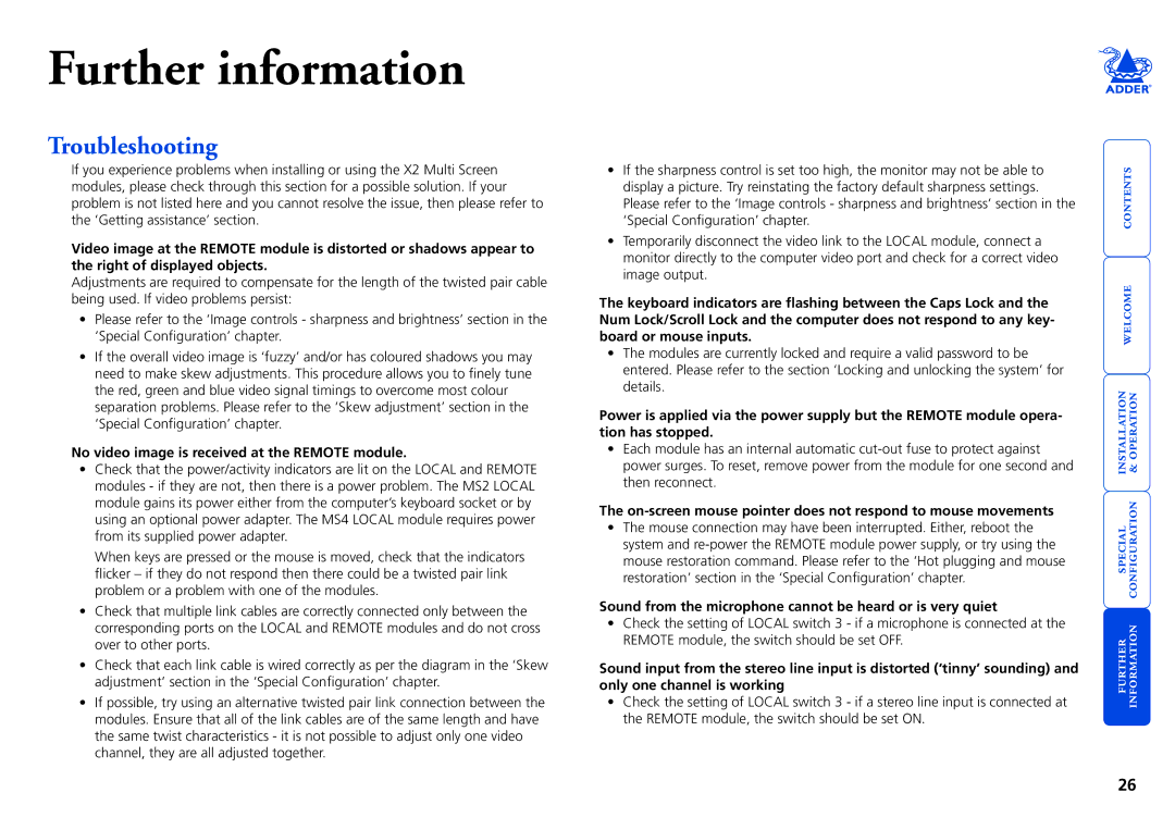 Adder Technology X2 manual Troubleshooting, No video image is received at the Remote module 